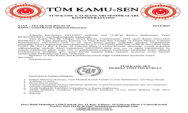 TÜM KAMU-SEN İLK OLAĞAN GENEL KURUL TOPLANTISI DUYURUSU